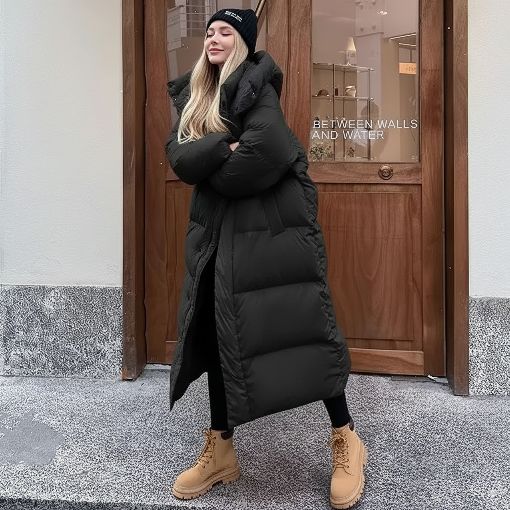 Dames Lange Gewatteerde Puffer Jas | Met Capuchon | Relaxte Pasvorm | Winddicht & Warm