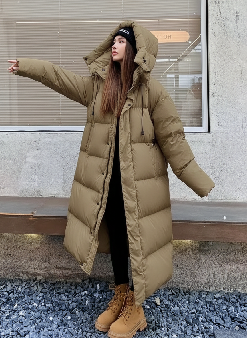 Dames Lange Gewatteerde Puffer Jas | Met Capuchon | Relaxte Pasvorm | Winddicht & Warm