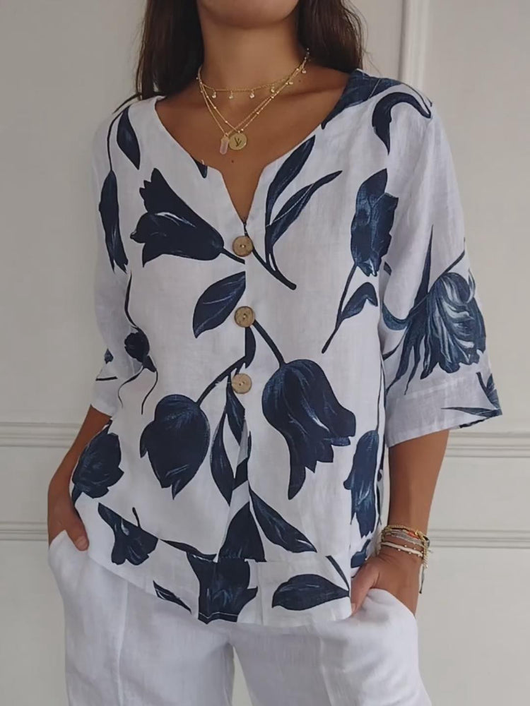 Dames Blouse met V-Hals en Bloemenprint – Luchtige Zomerblouse met Halve Mouwen