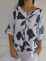 Dames Blouse met V-Hals en Bloemenprint – Luchtige Zomerblouse met Halve Mouwen