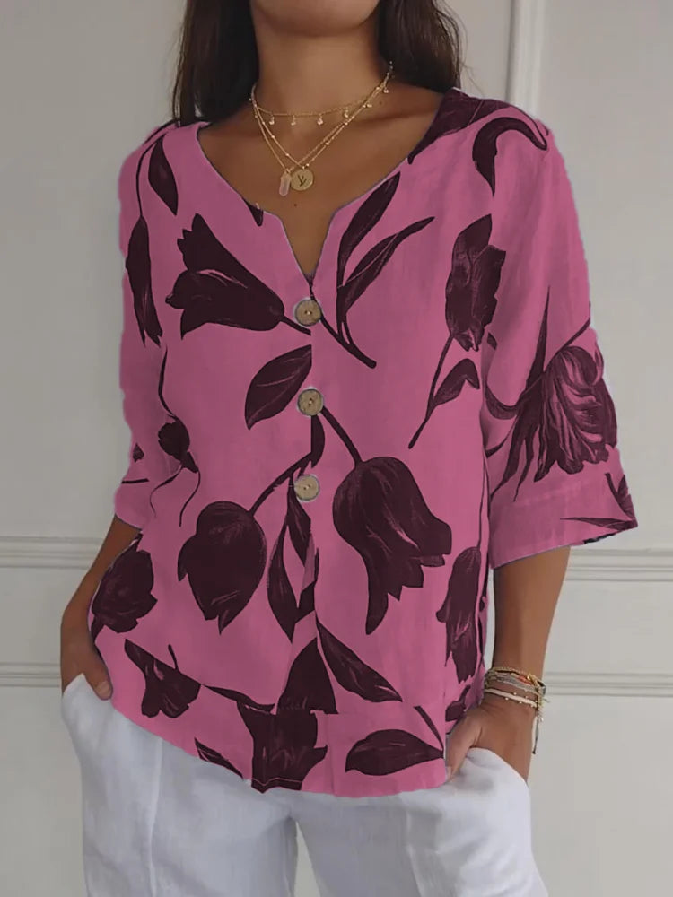 Dames Blouse met V-Hals en Bloemenprint – Luchtige Zomerblouse met Halve Mouwen