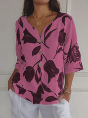 Dames Blouse met V-Hals en Bloemenprint – Luchtige Zomerblouse met Halve Mouwen