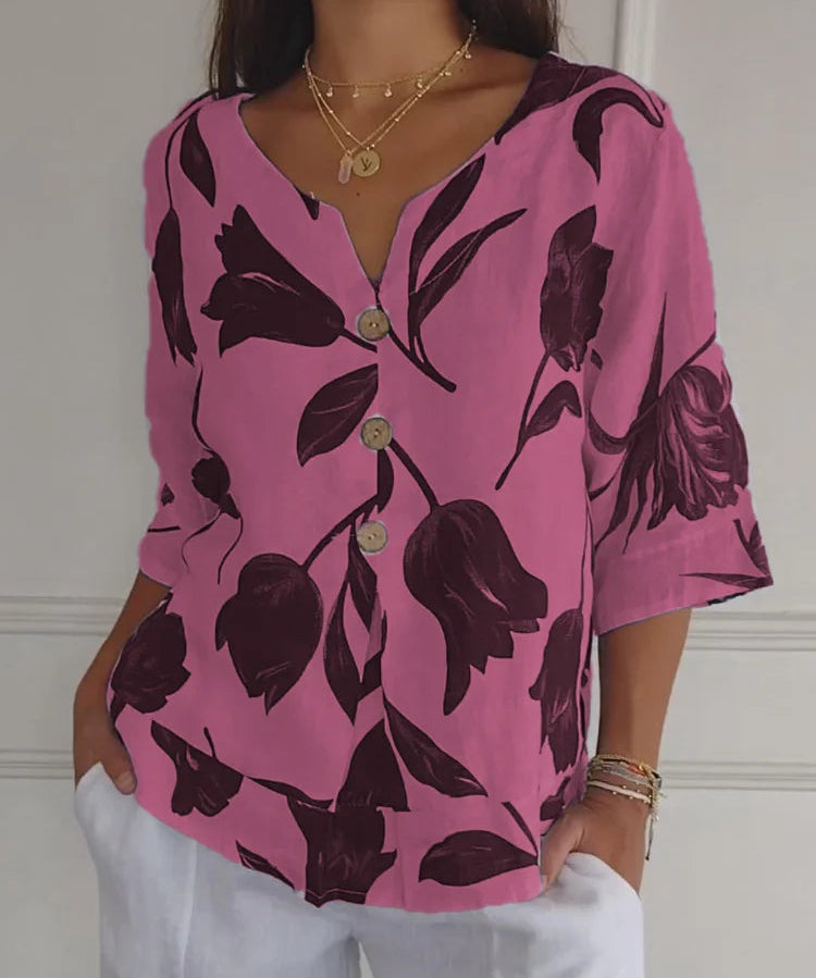 Dames Blouse met V-Hals en Bloemenprint – Luchtige Zomerblouse met Halve Mouwen