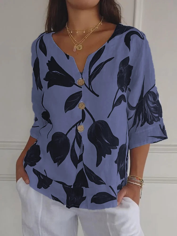 Dames Blouse met V-Hals en Bloemenprint – Luchtige Zomerblouse met Halve Mouwen