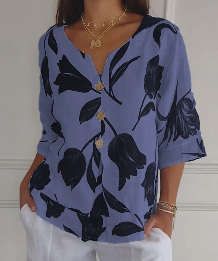 Dames Blouse met V-Hals en Bloemenprint – Luchtige Zomerblouse met Halve Mouwen