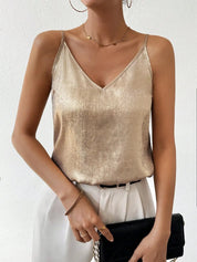 Dames V-Hals Top Goudkleurig – Elegante Zomertop voor Casual en Chique Looks