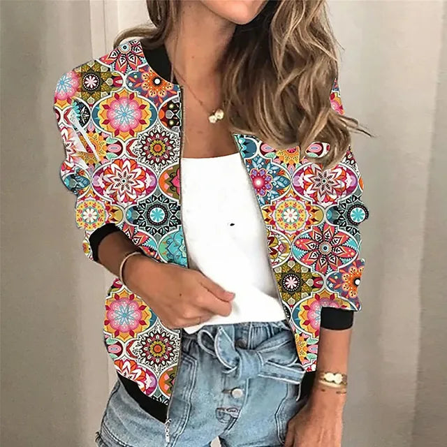 Dames Jack met Print en Ritssluiting – Stijlvol Lichtgewicht Voorjaar- en Herfstjack