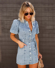 Denim Mini Jurk Dames – Spijkerjurk met Pofmouwen en Ceintuur van Zachte Gewassen Stof