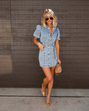 Denim Mini Jurk Dames – Spijkerjurk met Pofmouwen en Ceintuur van Zachte Gewassen Stof
