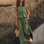 Witte boho maxi avondjurk dames – mouwloos lang kleed met split