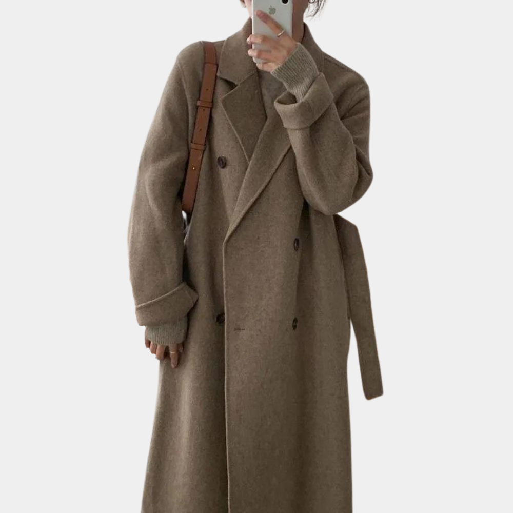 Hannah lange dames winterjas – elegante double-breasted jas met warme voering