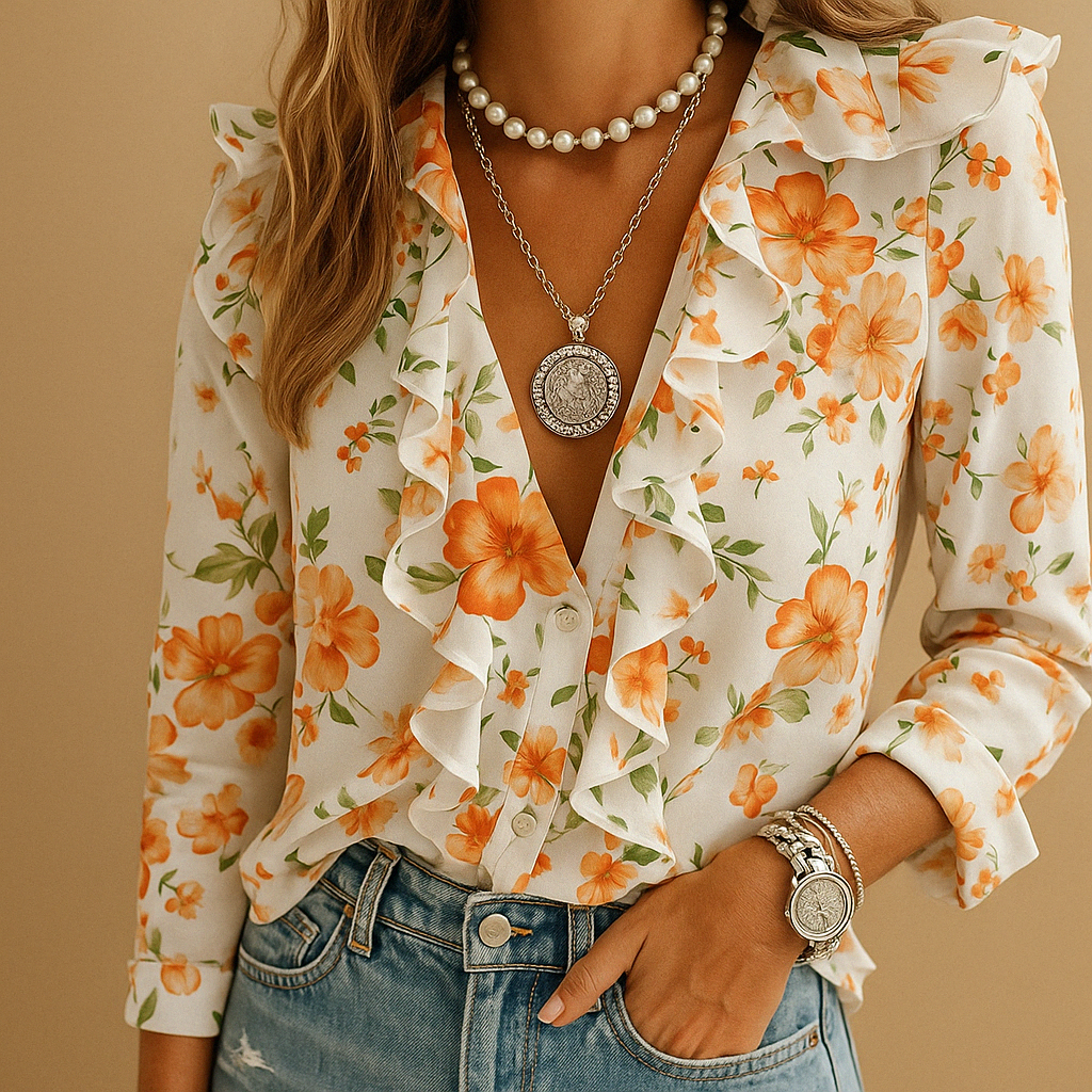 Merel dames blouse | Luchtige blouse met ruches en vlinderprint | Lange mouwen