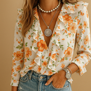 Merel dames blouse | Luchtige blouse met ruches en vlinderprint | Lange mouwen