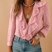 Merel dames blouse | Luchtige blouse met ruches en vlinderprint | Lange mouwen