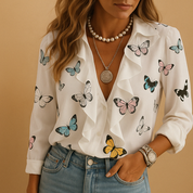 Merel dames blouse | Luchtige blouse met ruches en vlinderprint | Lange mouwen