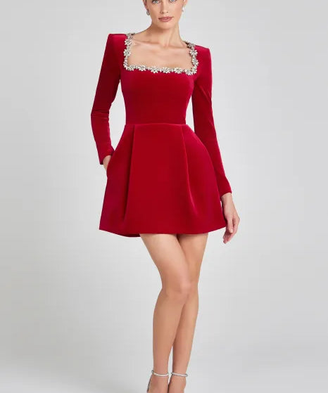 Fluwelen mini jurk dames – elegante A-lijn party dress met square hals