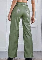 Dames Leren Broek – High-Waist Broek met Wijde Pijpen, Volledige Lengte & Zakken