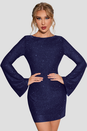 Glitter Jurk Dames – Stijlvolle Feestjurk met Open Rug en Lange Mouwen