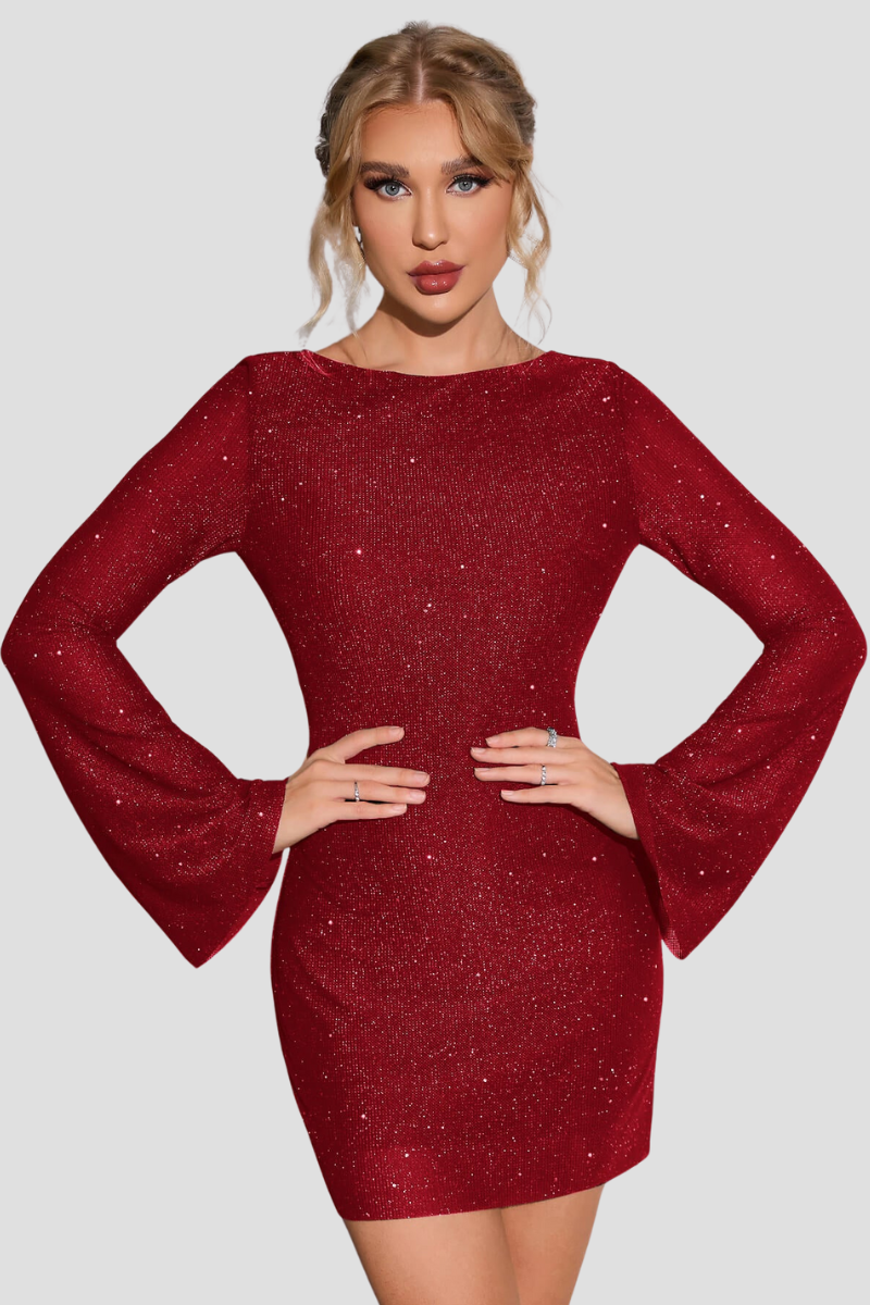 Glitter Jurk Dames – Stijlvolle Feestjurk met Open Rug en Lange Mouwen