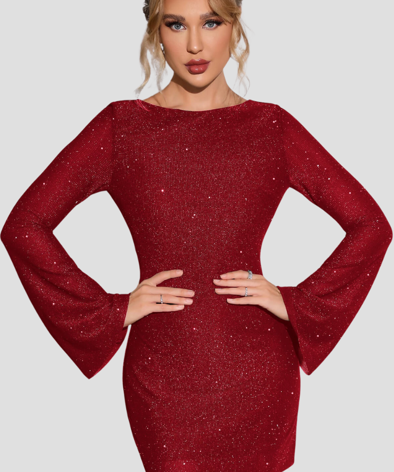 Glitter Jurk Dames – Stijlvolle Feestjurk met Open Rug en Lange Mouwen