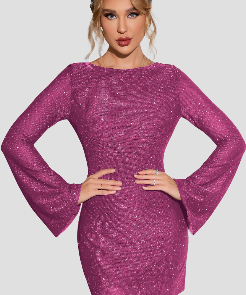 Glitter Jurk Dames – Stijlvolle Feestjurk met Open Rug en Lange Mouwen