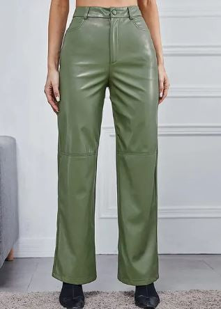 Dames Leren Broek – High-Waist Broek met Wijde Pijpen, Volledige Lengte & Zakken