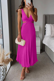 Elegante dames jurk – maxi jurk met V-hals, plissé rok en cut-out taille