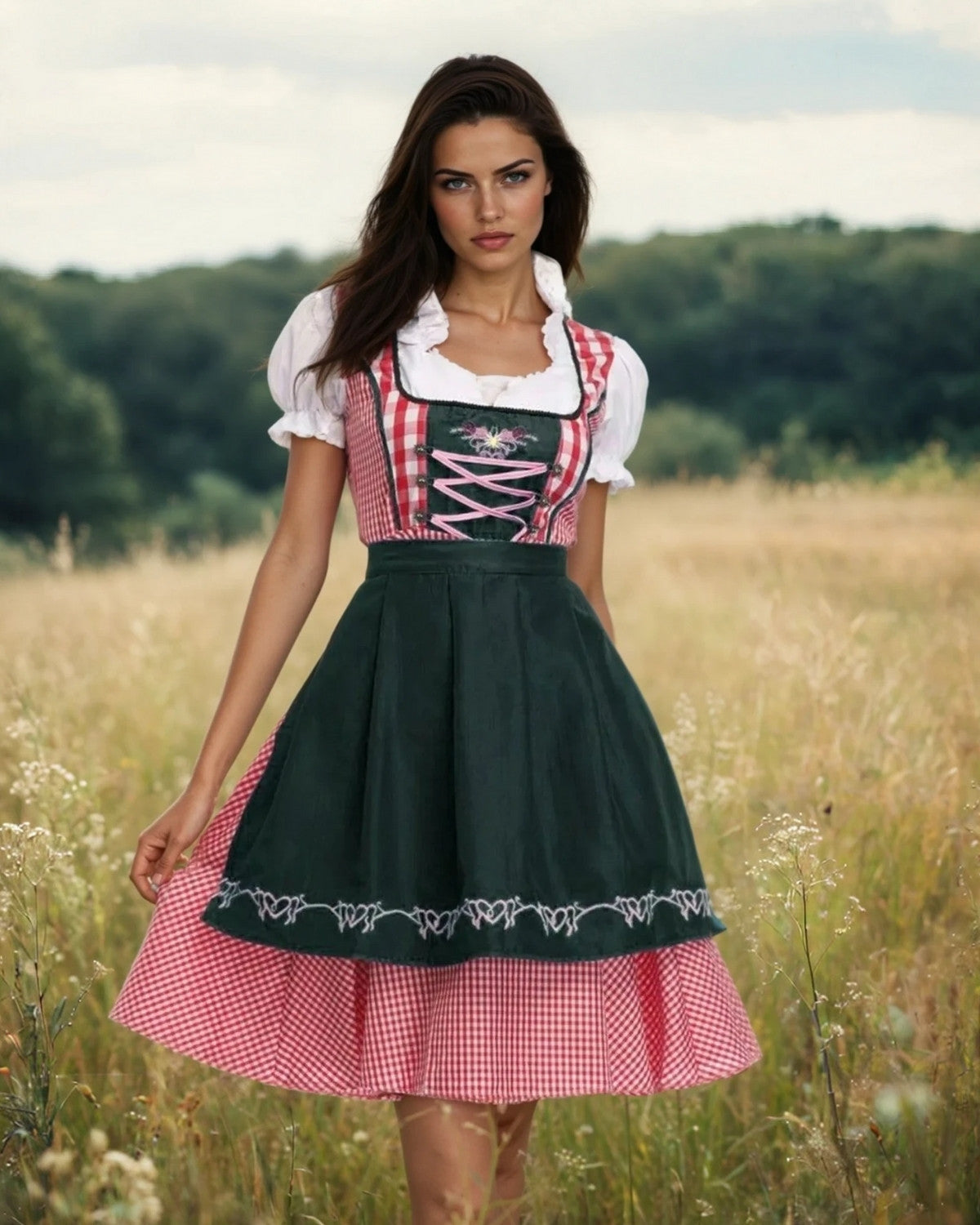 Geruite Oktoberfest Dirndl Jurk met Schort – Authentieke Dameskleding
