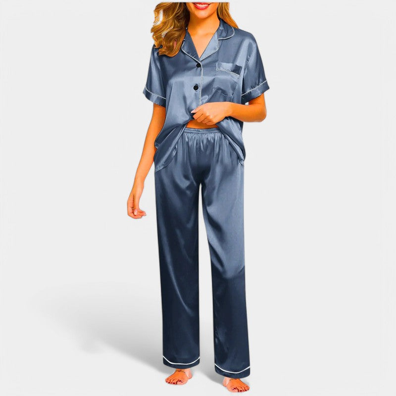Gleame satijnen pyjamaset dames – luxe zijden look met elegante bies
