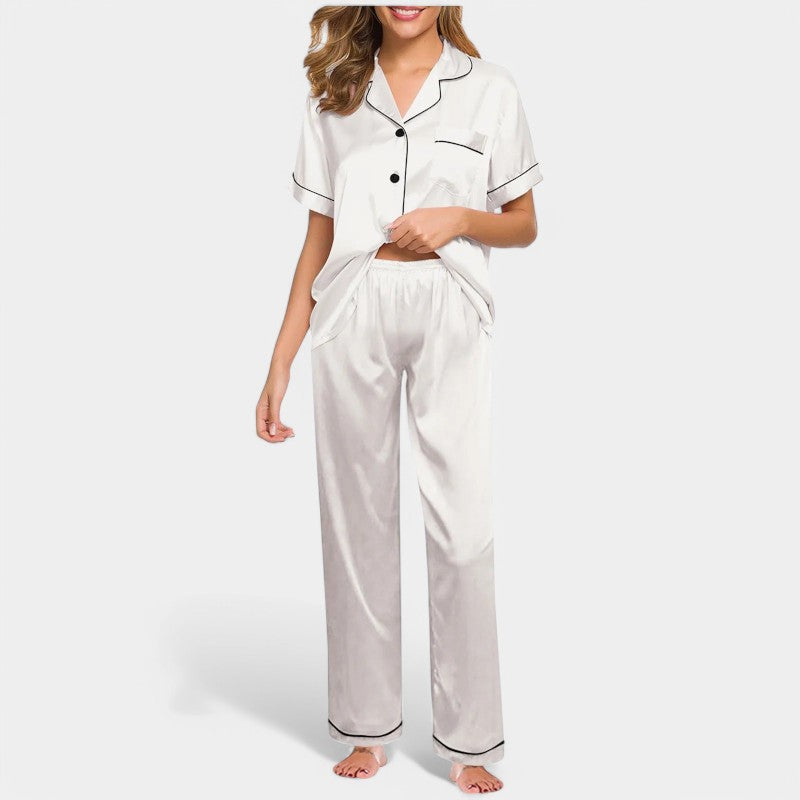 Gleame satijnen pyjamaset dames – luxe zijden look met elegante bies