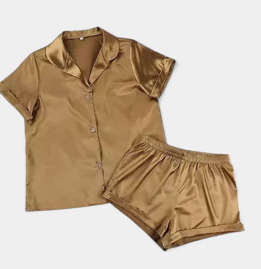 Gleame satijnen pyjamaset dames – luxe tropische print met bies