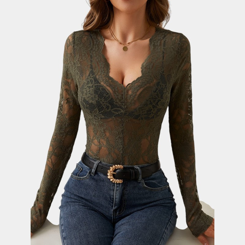 Gleame kanten top dames – elegante V-hals met lange mouwen
