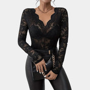Gleame kanten top dames – elegante V-hals met lange mouwen