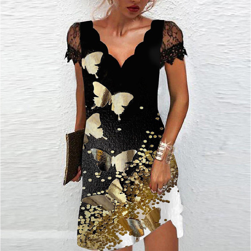 Lucia glitter zomerjurk dames | Glamour feestjurk met kanten mouwen en V-hals