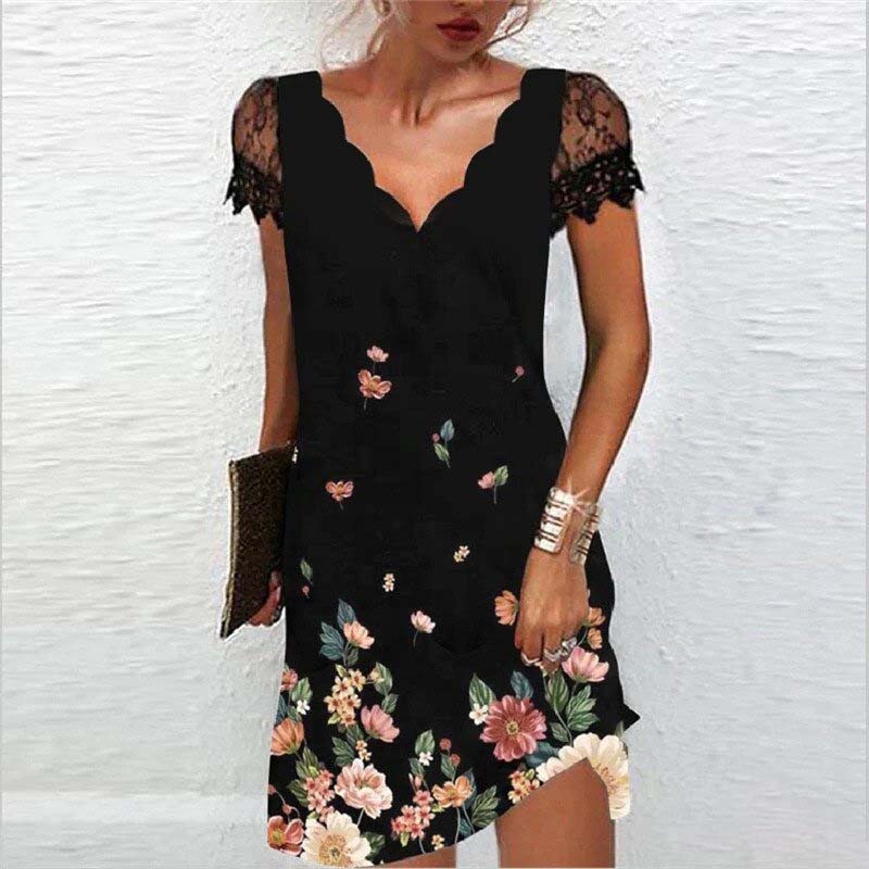 Lucia glitter zomerjurk dames | Glamour feestjurk met kanten mouwen en V-hals
