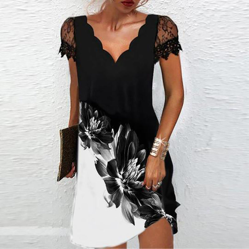 Lucia glitter zomerjurk dames | Glamour feestjurk met kanten mouwen en V-hals