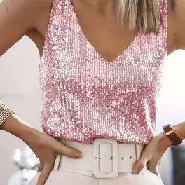 Dames glitter top – elegante pailletten V-hals top voor feest en avondlook