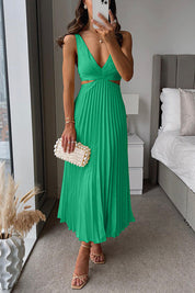 Elegante dames jurk – maxi jurk met V-hals, plissé rok en cut-out taille
