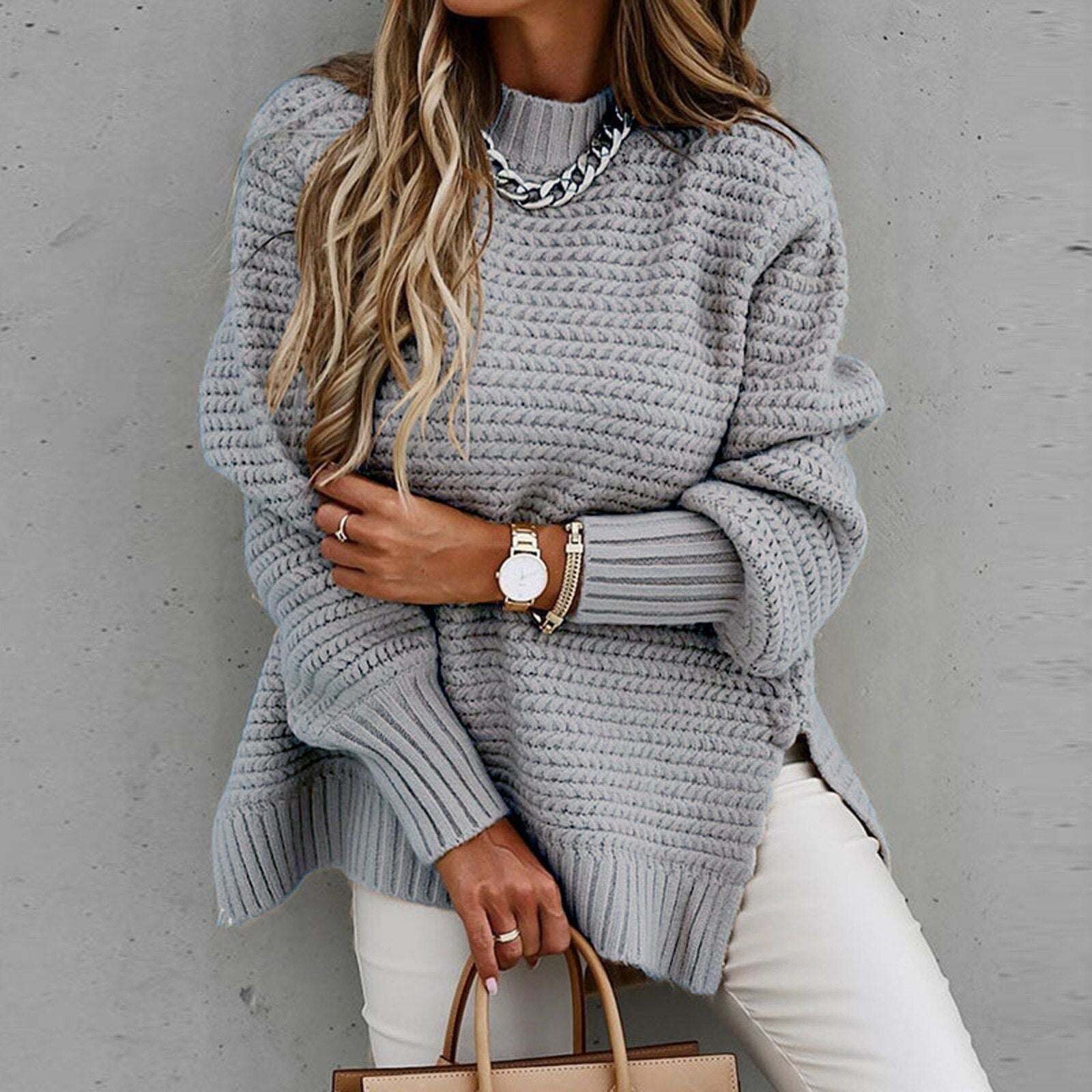 Sofia Elegante Pullover – Gebreide Damestrui met Halfhoge Hals en Zijsplit