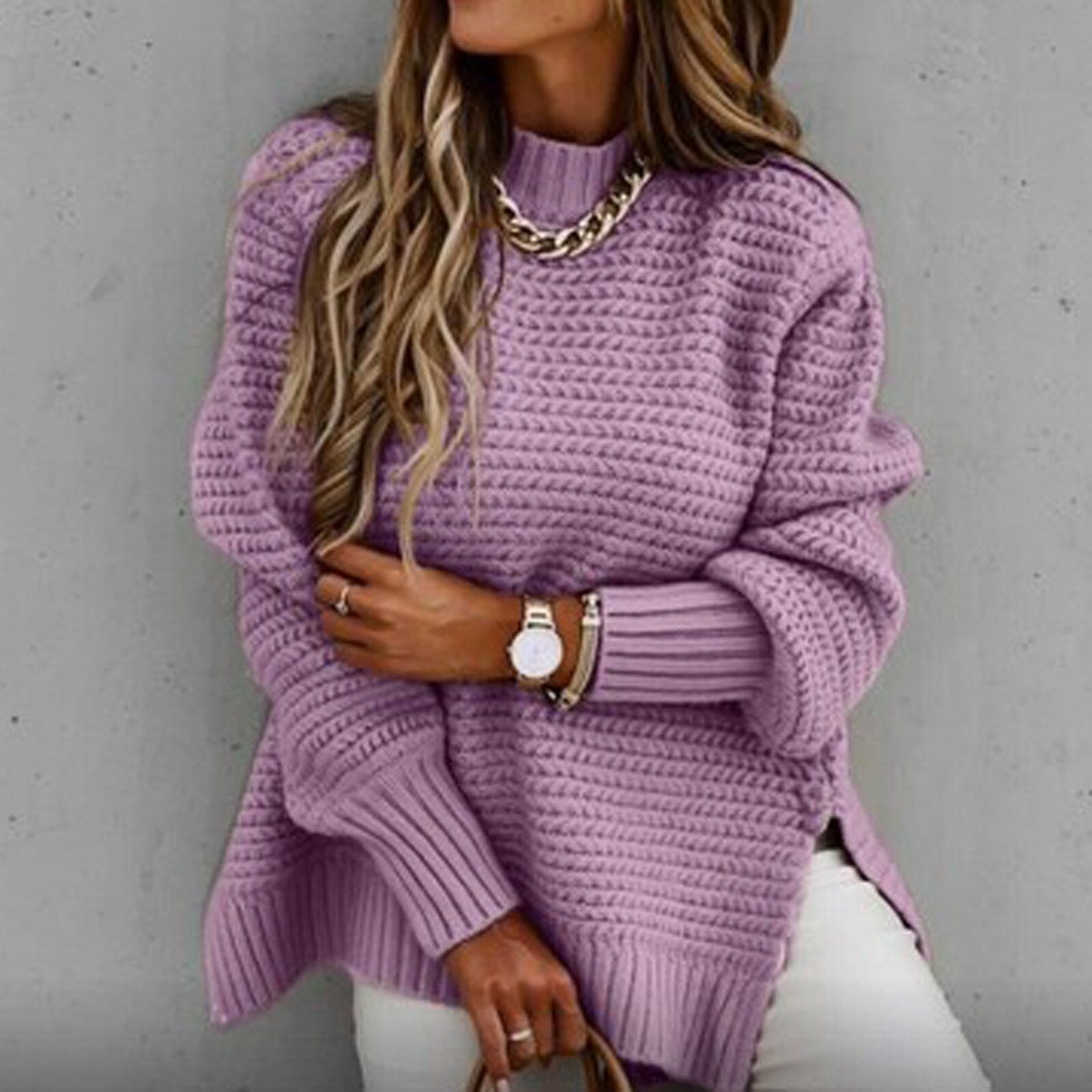 Sofia Elegante Pullover – Gebreide Damestrui met Halfhoge Hals en Zijsplit