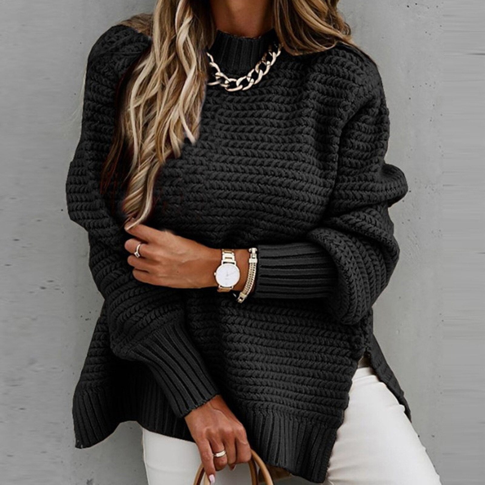 Sofia Elegante Pullover – Gebreide Damestrui met Halfhoge Hals en Zijsplit