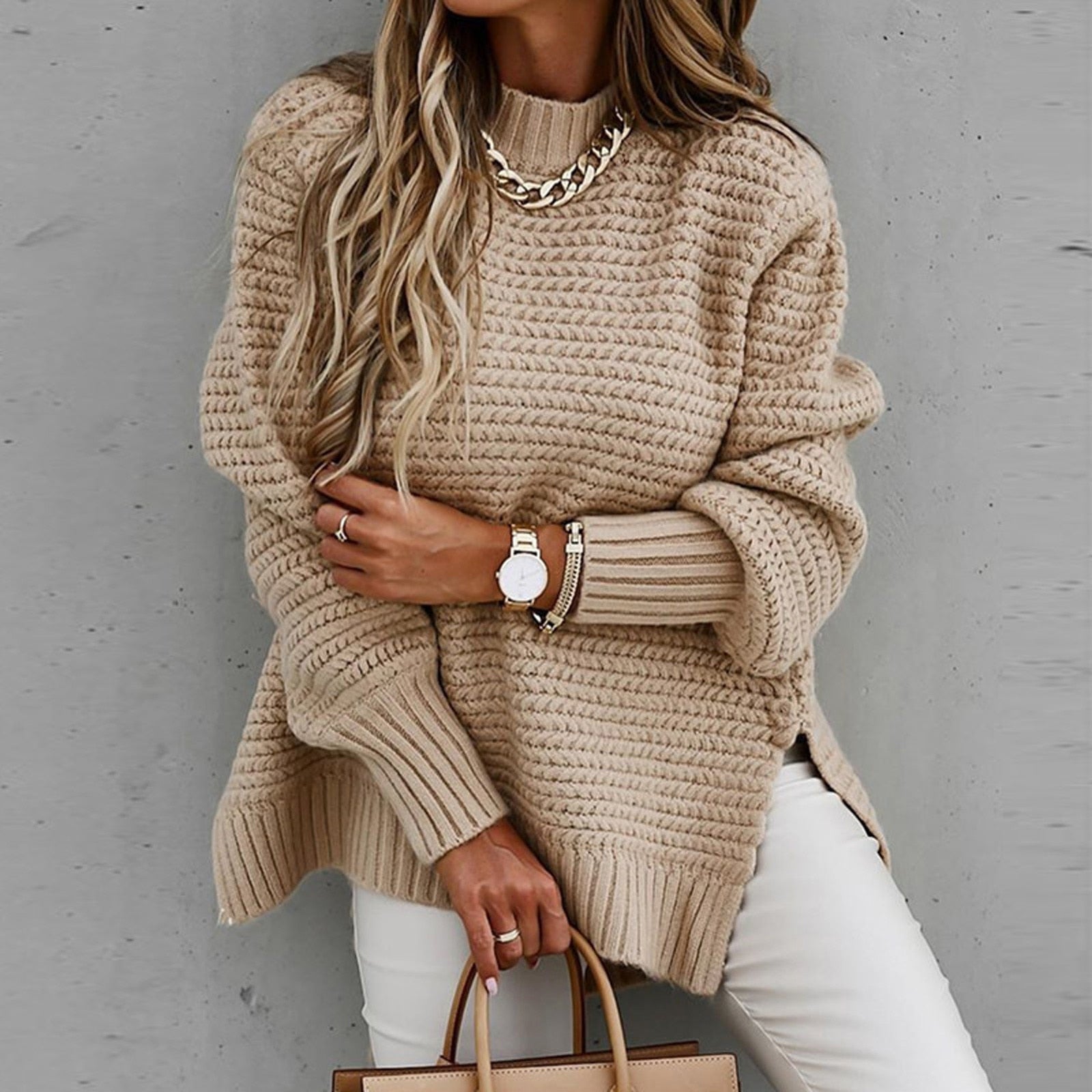 Sofia Elegante Pullover – Gebreide Damestrui met Halfhoge Hals en Zijsplit