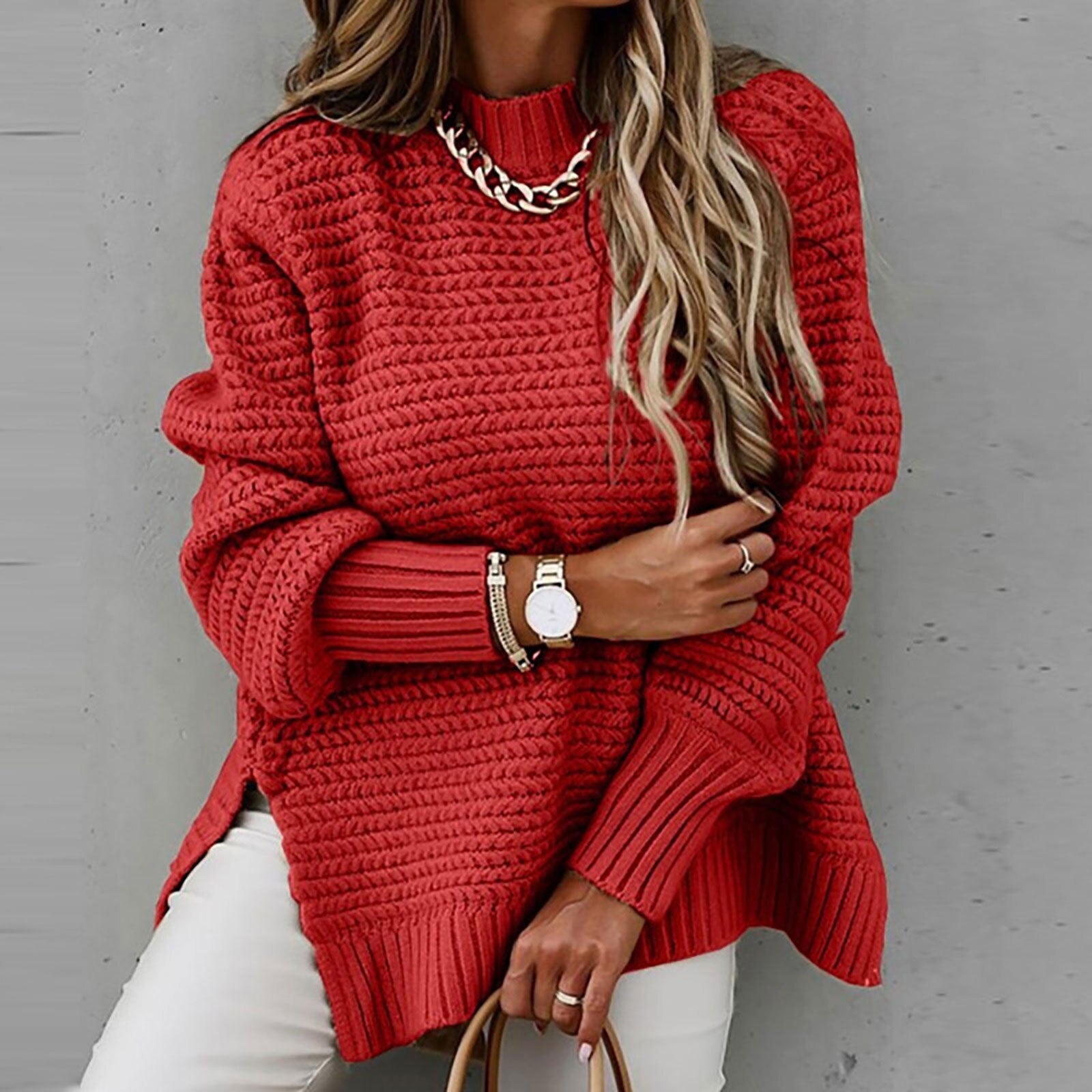 Sofia Elegante Pullover – Gebreide Damestrui met Halfhoge Hals en Zijsplit