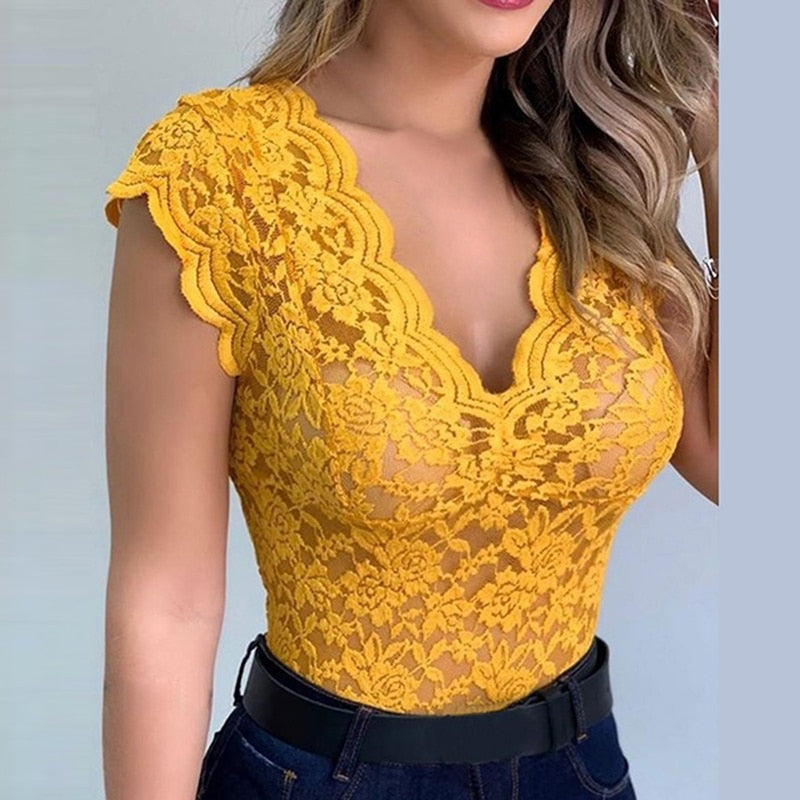 Kyra Kanten Top – Sexy en Elegante Dames Top met Bloemenpatroon en V-Hals