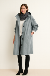 Elegante waterdichte regenmantel dames – driekwart jas met capuchon en ceintuur