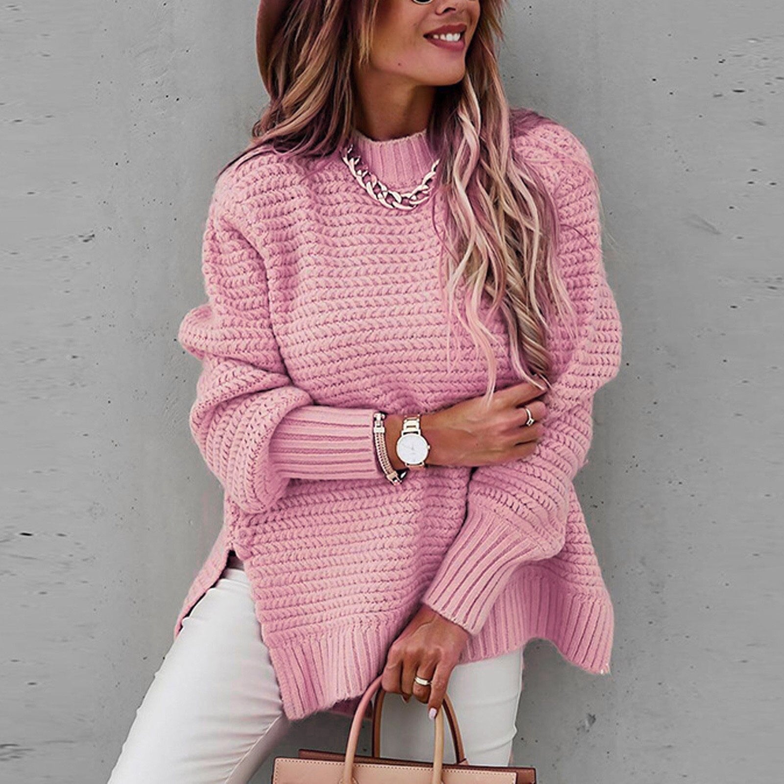 Sofia Elegante Pullover – Gebreide Damestrui met Halfhoge Hals en Zijsplit