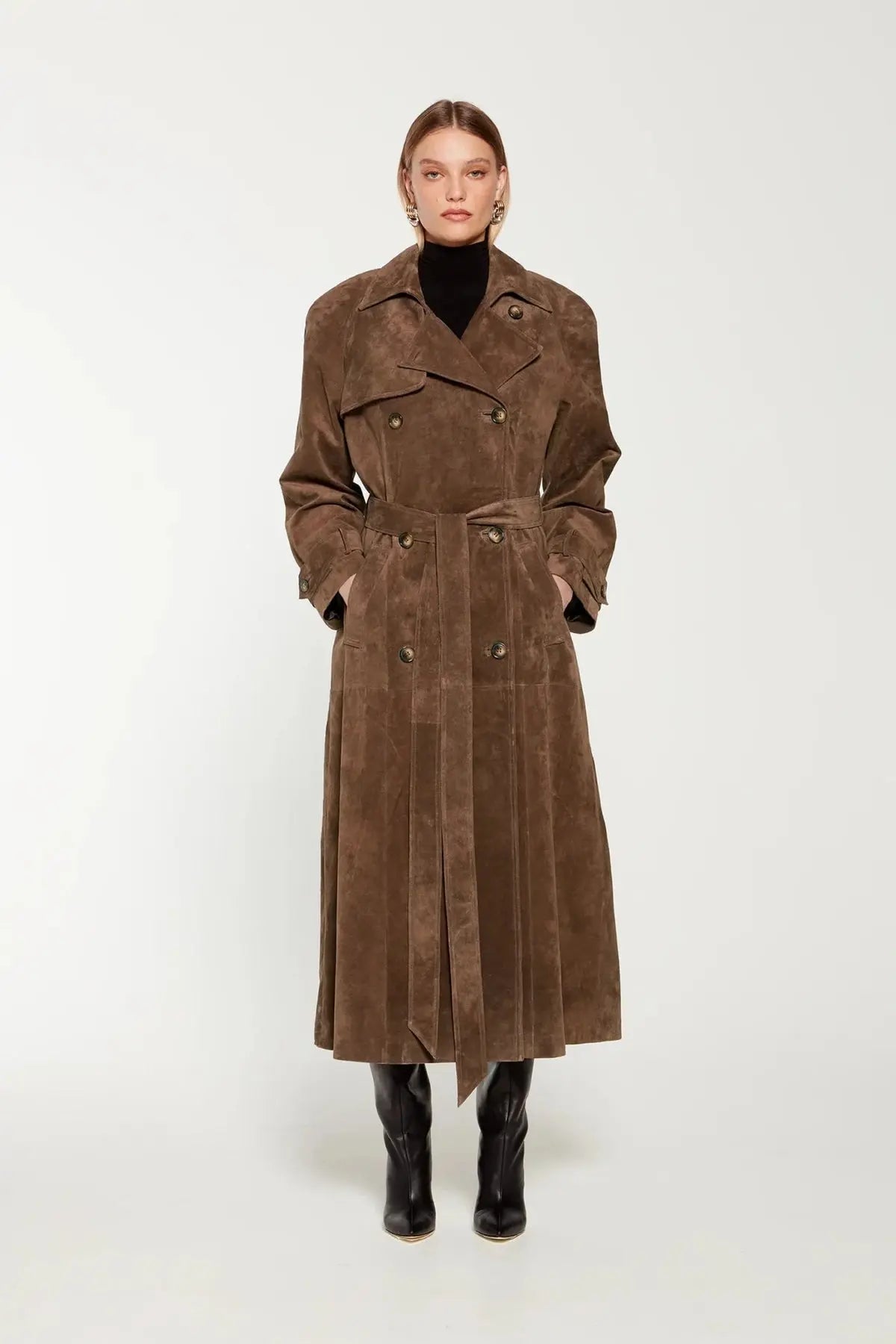 Suède trenchcoat dames – elegante lange jas met ceintuur voor herfst en winter