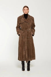 Suède trenchcoat dames – elegante lange jas met ceintuur voor herfst en winter
