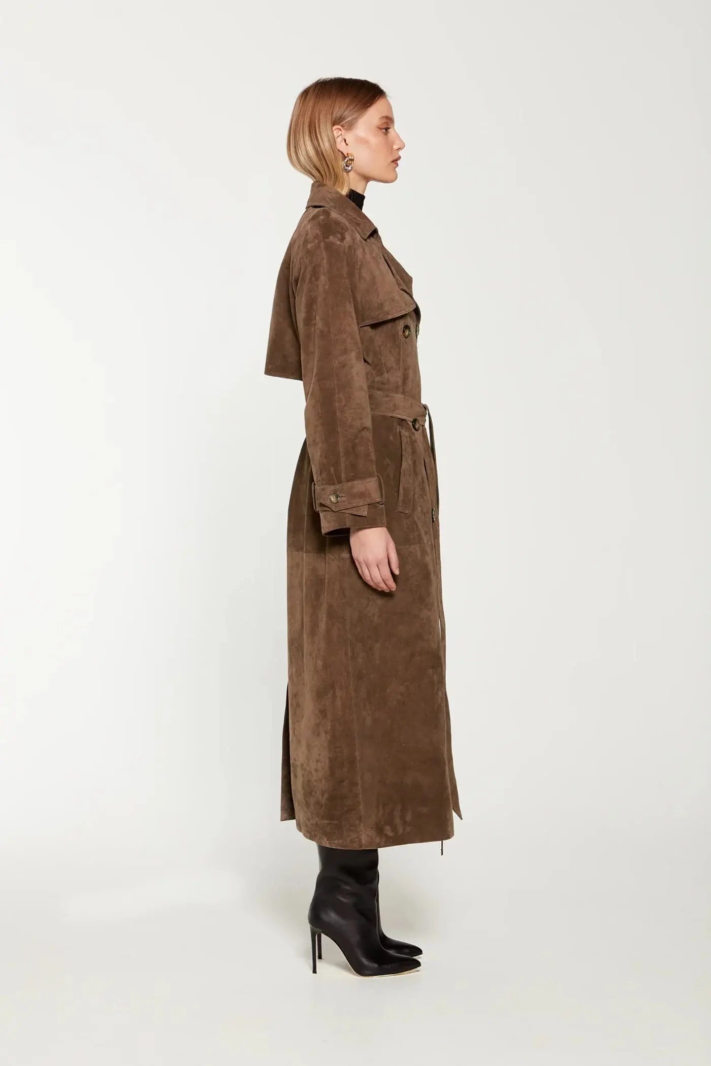 Suède trenchcoat dames – elegante lange jas met ceintuur voor herfst en winter