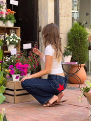 Sarah low-rise denim jeans dames – rechte fit met geborduurde sterren
